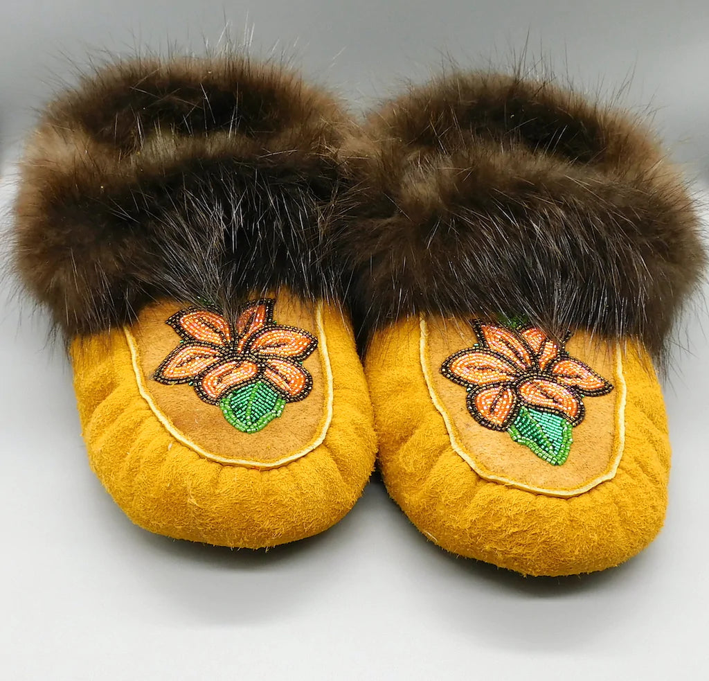 Joyce Smarch Whitehorse Yukon Teslin indigenous first nations native artist sewer beading moosehide moose hide slippers moccasins beaver fur authentic art local made in Canada