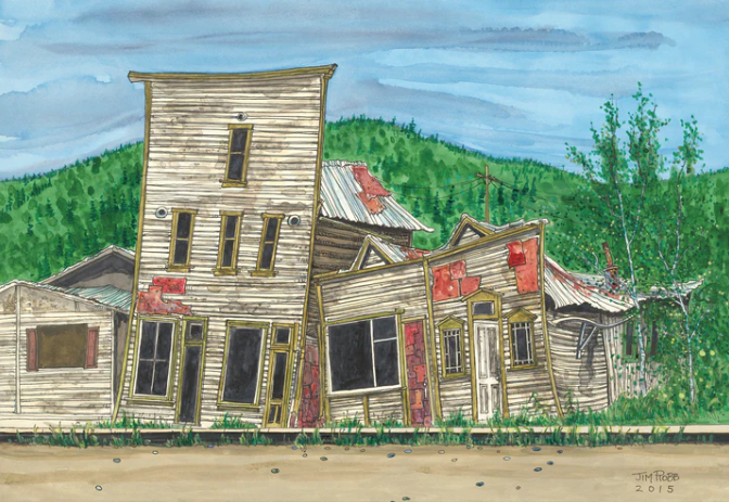 Jim Robb Yukon Watercolour Artist Permafrost Kissing Buildings Dawson City