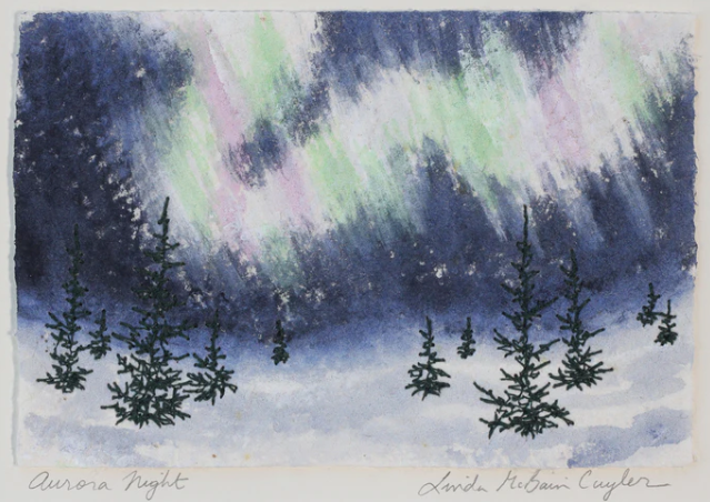 Linda McBain Cuyler Edmonton Alberta artist fibre art handpainted made in Canada Aurora northern lights paintings