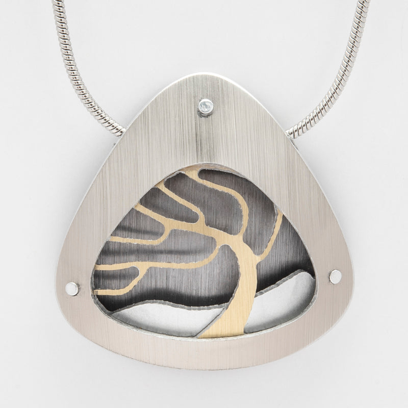 Brushed Aluminium Necklace - Gold tree in Triangular Frame – North End ...